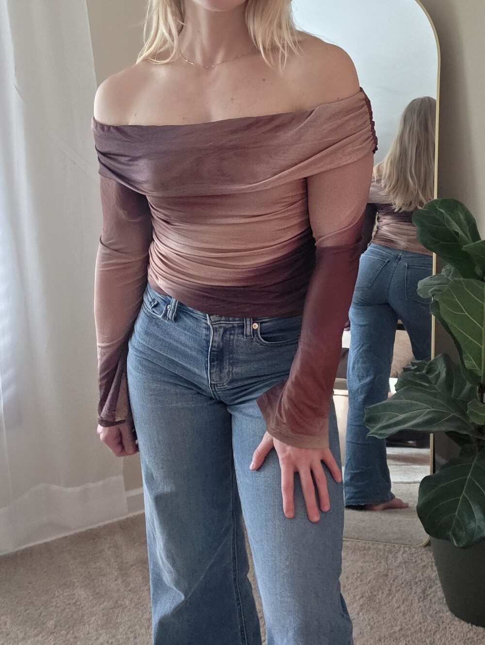 Princess Polly Off-Shoulder Ombre Long Sleeve Top - Brown & Tan